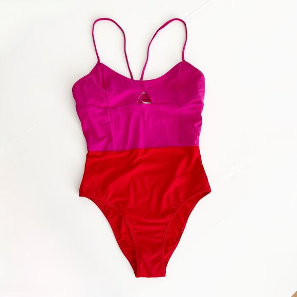 [Summersalt] The Swan Dive Colorblock Hibiscus Lava Pink One Piece Swimsuit Sz 8 - Picture 3 of 11